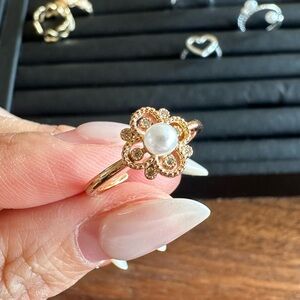Elegant Gold Pearl Flower Ring Adjustable Open Band Bridal Statement